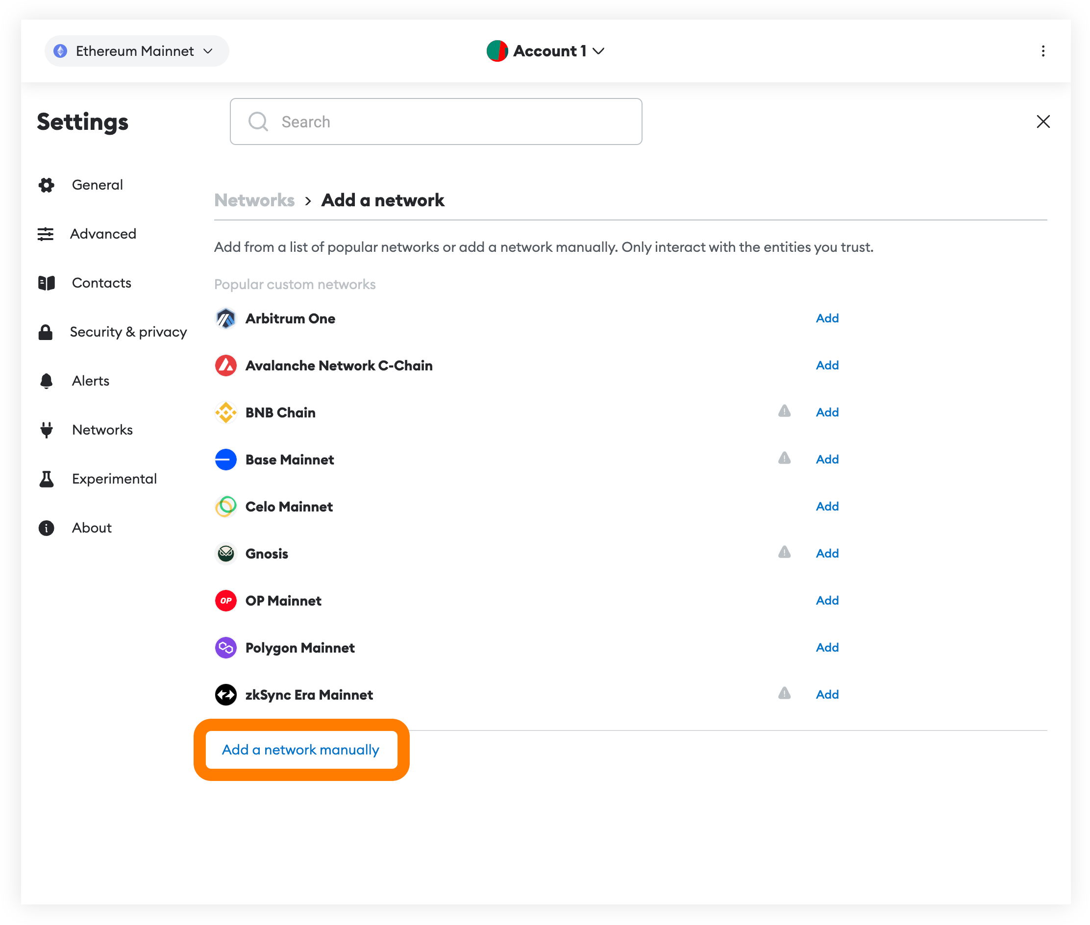 Adding a network manually